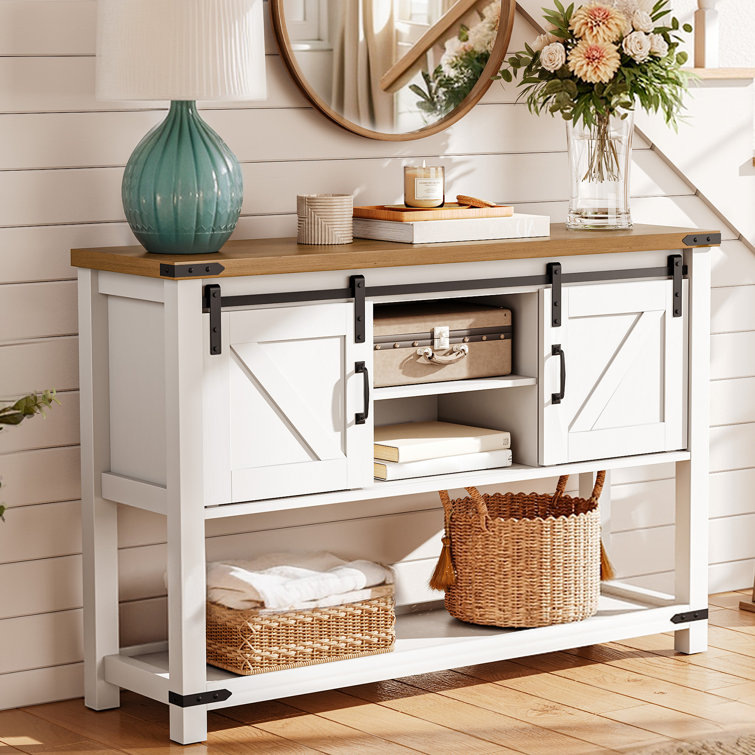 White barn door console outlet table